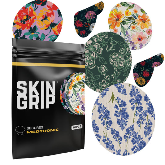 Skin Grip CGM patch florals 10-pack on-arm view for secure wear and long-lasting adhesion