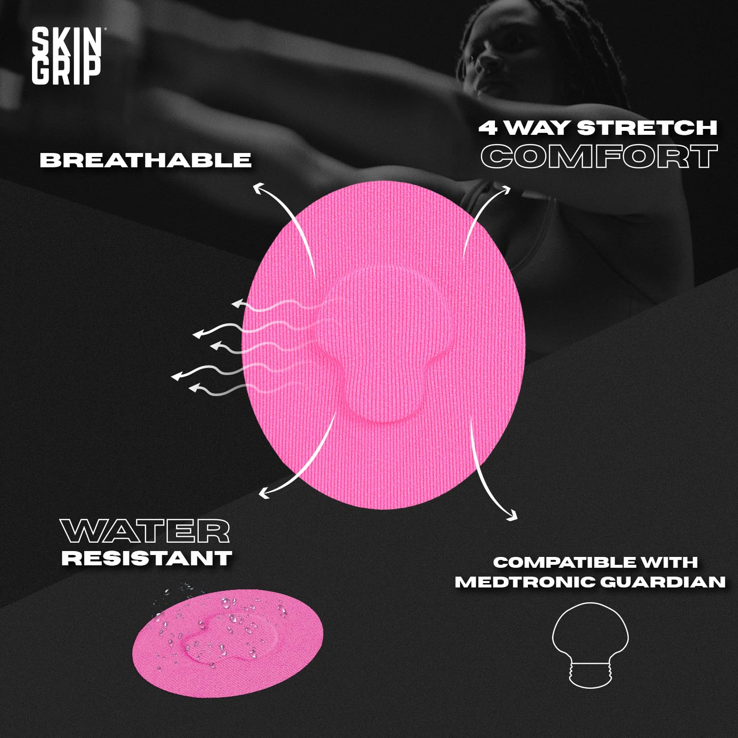 Skin Grip patch on Guardian, pink, side view showing secure adhesion during activities.