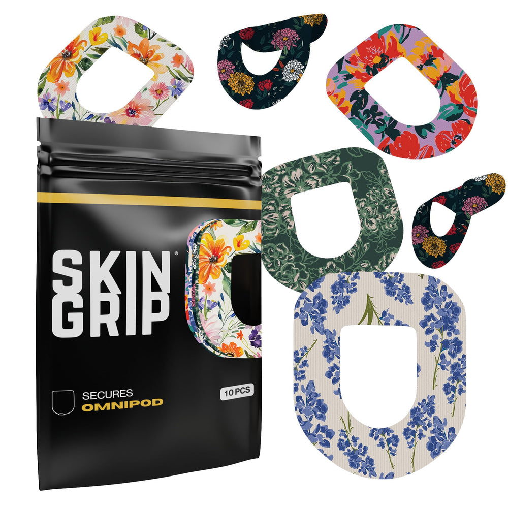 Skin Grip CGM patch for Omnipod with floral design securing sensor during daily wear.
