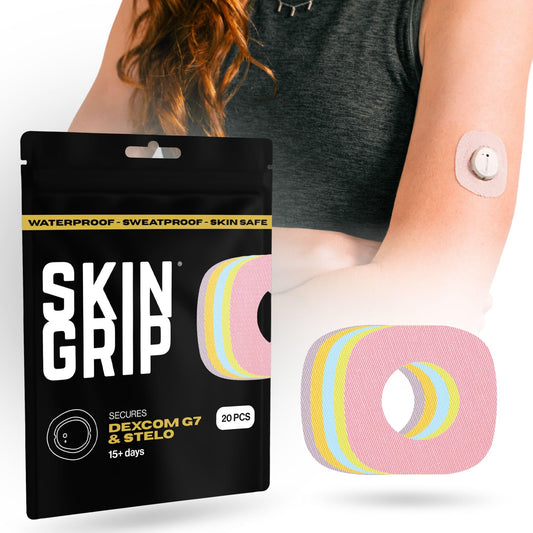 Skin Grip Dexcom G7 patch adheres securely on skin for reliable wear.