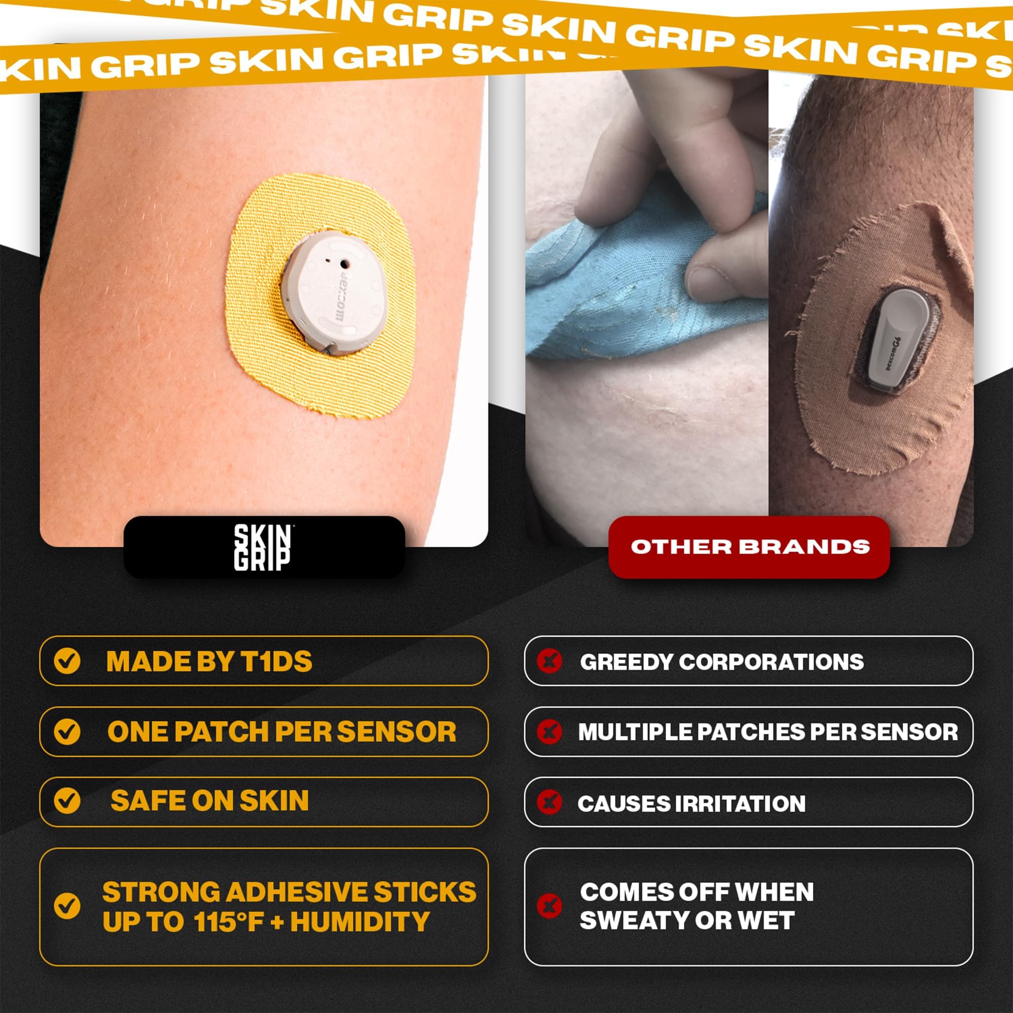 Skin Grip patch pre-cut design enables easy, comfortable application for Dexcom G7.