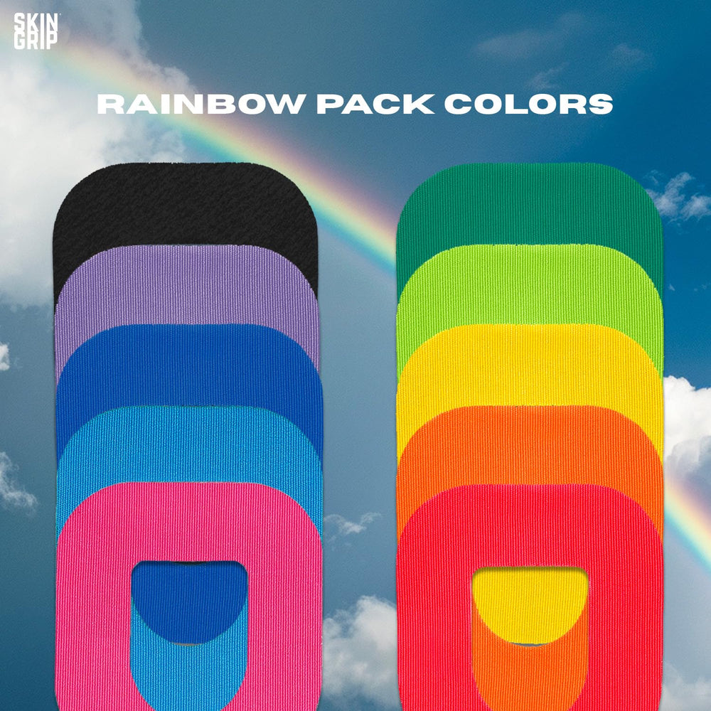 Rainbow-pack Skin Grip patch offers secure diabetic sensor protection in style.