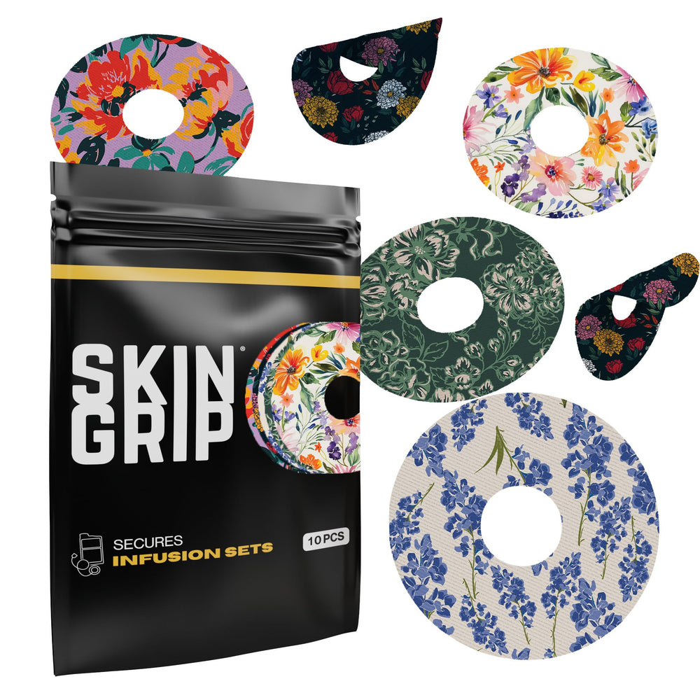 Skin Grip floral patch on skin for secure CGM wear during daily activities.