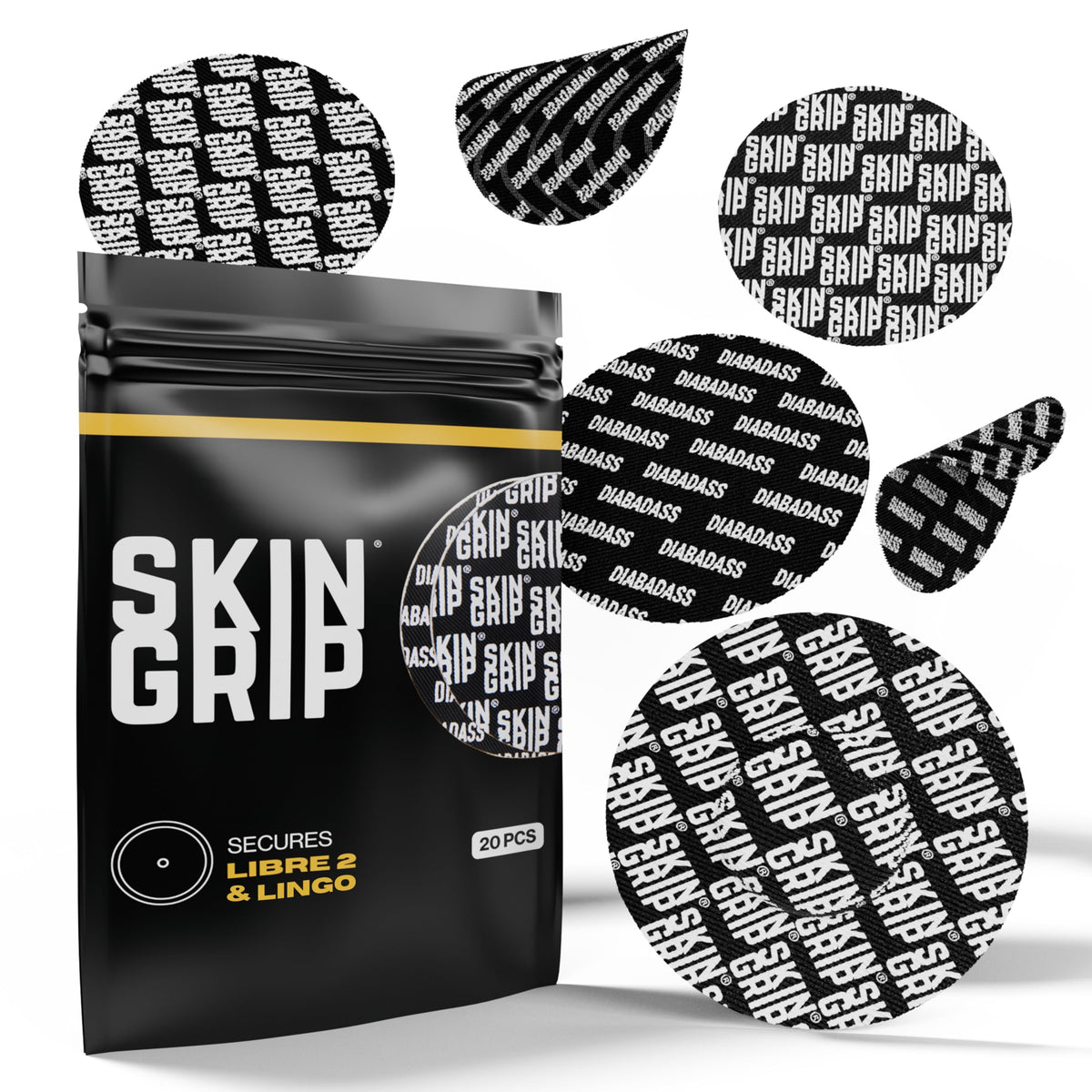 Skin Grip sensor cover closeup shows secure adhesion and extended wear for Libre 2