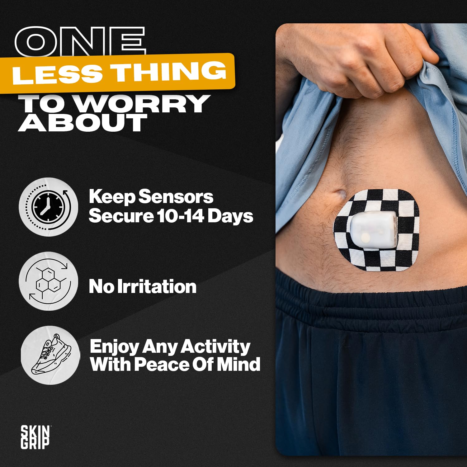 Skin Grip Insulet Patch hypoallergenic adhesive minimizes irritation during daily activity.