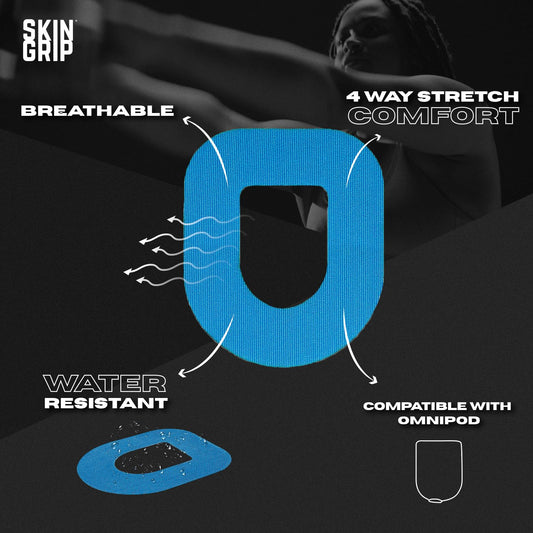 Skin Grip Omnipod Dash patch in blue with pre-cut design for easy application.