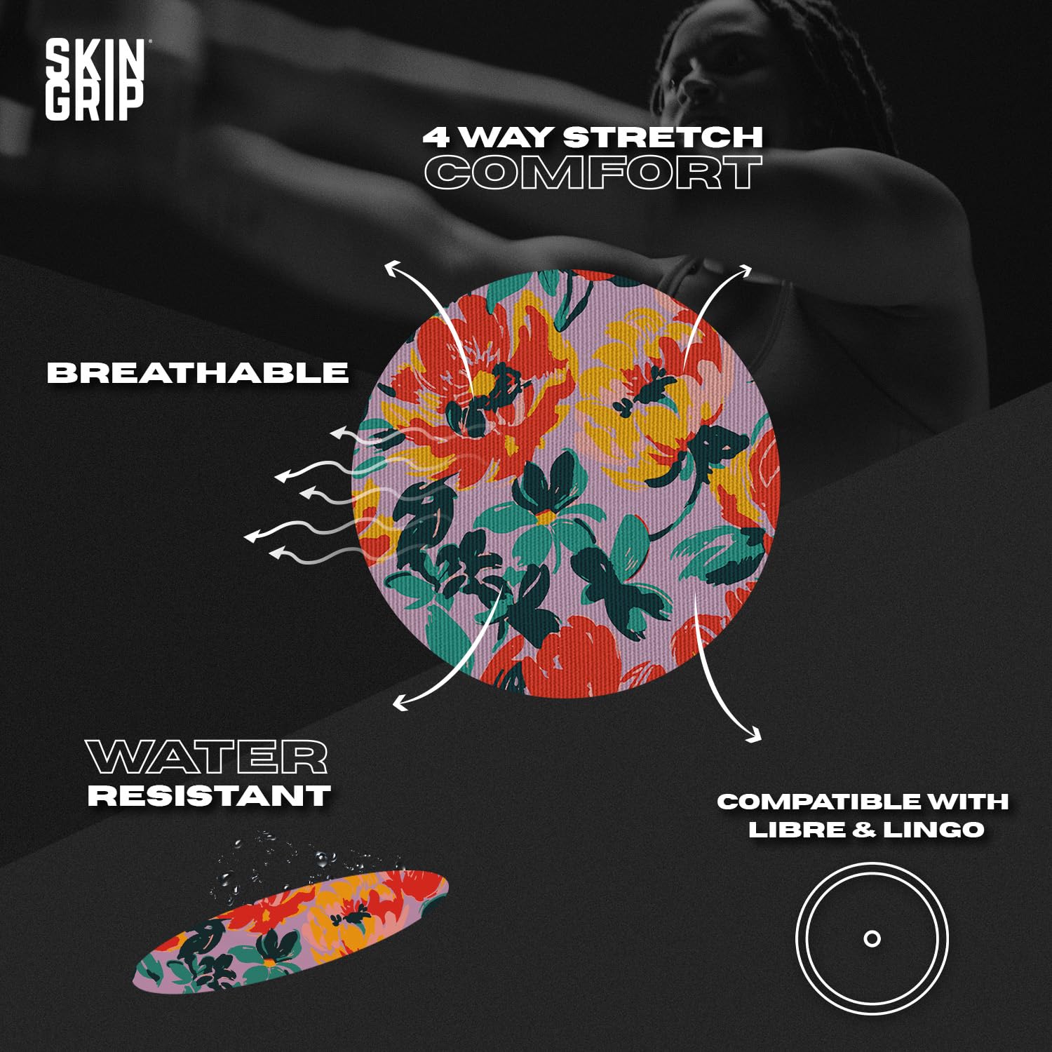 Skin Grip waterproof CGM patch keeps Libre 2 secure through showers and swims.