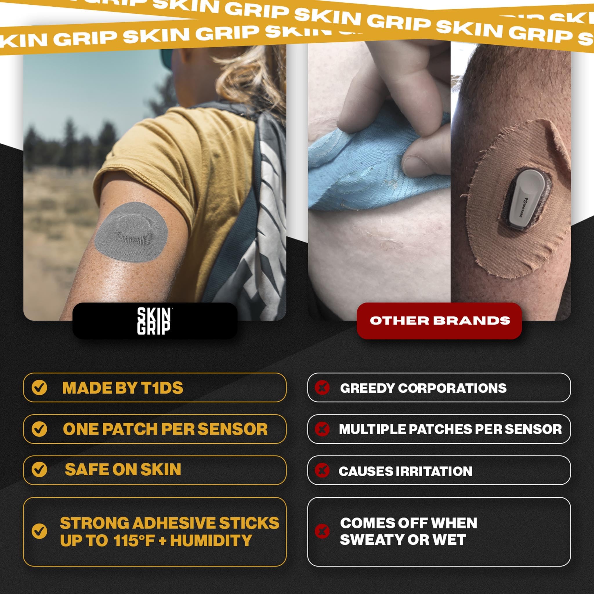 Skin Grip waterproof and sweatproof patch stays in place through workouts.