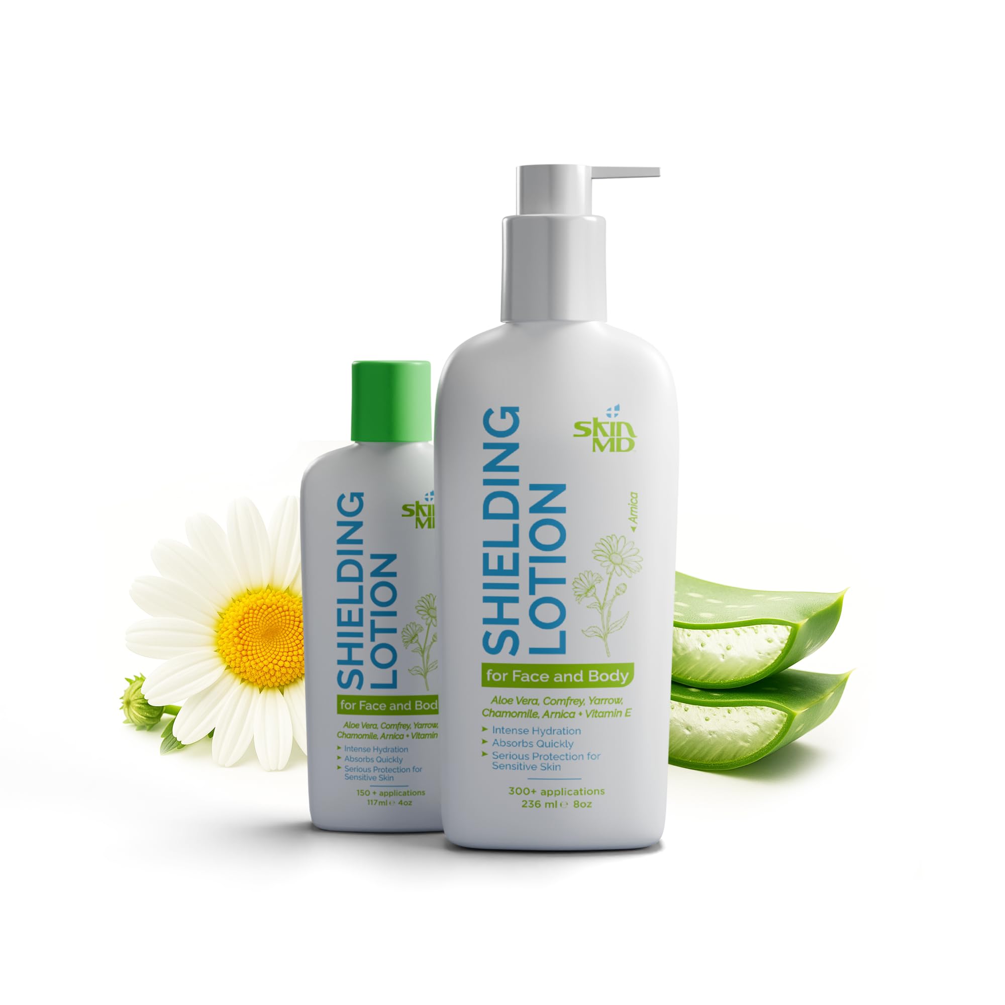 Skin MD Shielding Lotion bottle with pump for quick, non-greasy hydration.