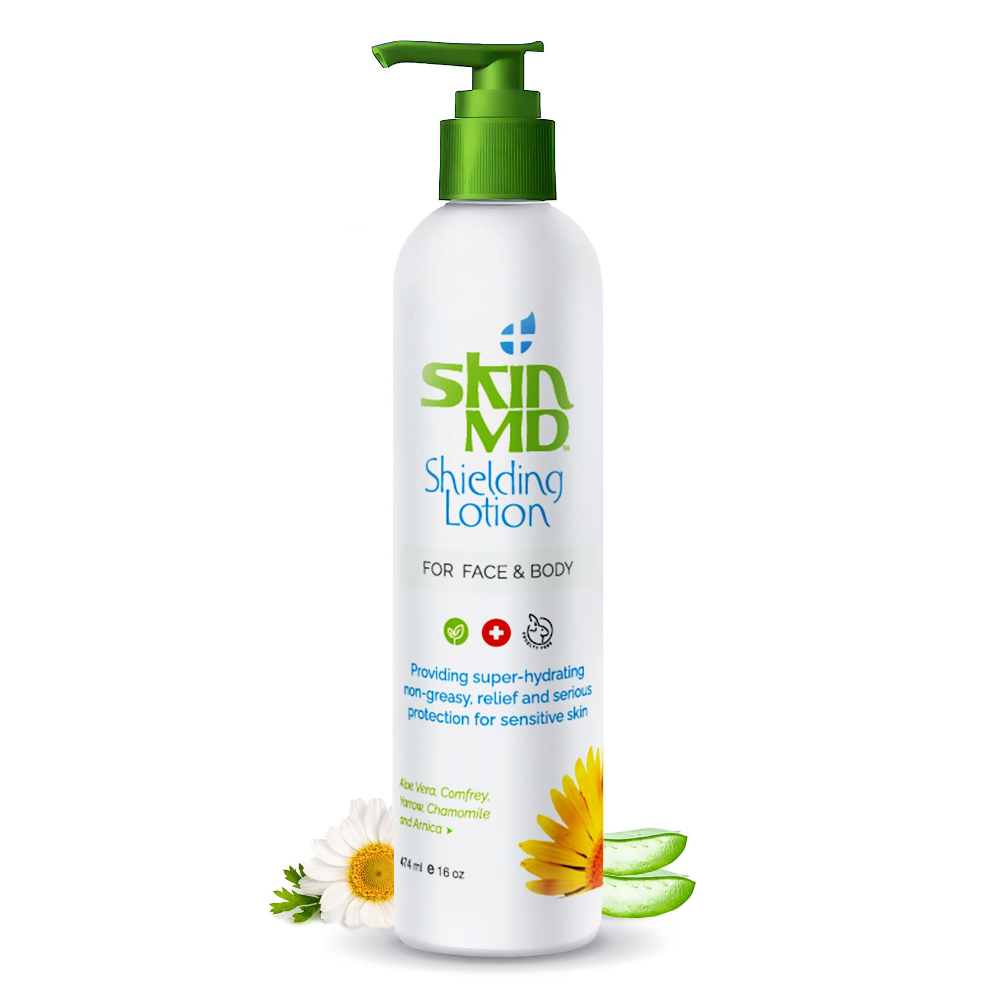 Skin MD Shielding Lotion pump front view shows fragrance-free hydration for sensitive skin