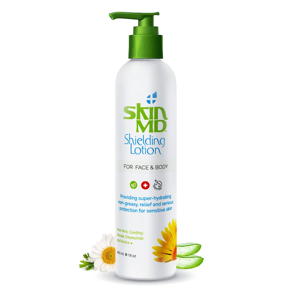 Skin MD Shielding Lotion pump front view shows fragrance-free hydration for sensitive skin
