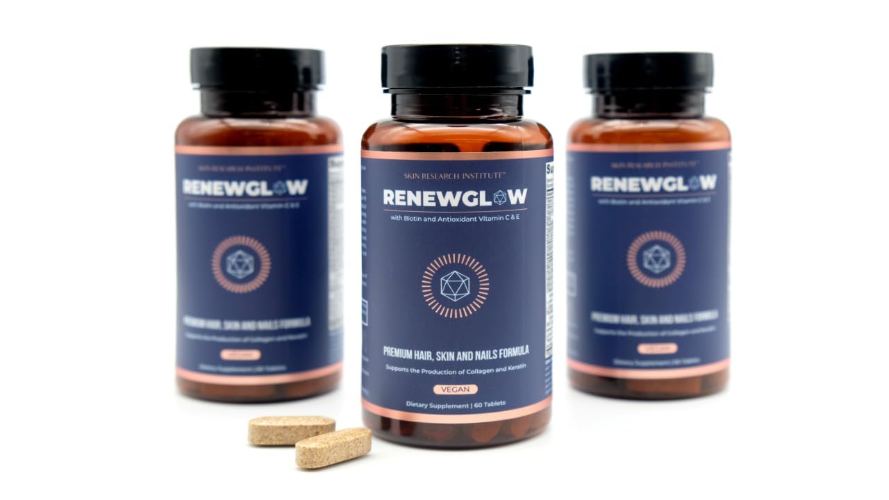 Skin Research Institute Renewglow biotin bottle on a clean surface for premium vegan formulation.