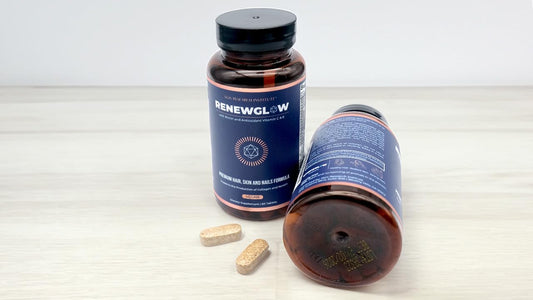 Renewglow biotin supplement bottle with glossy hair close-up for vitality.