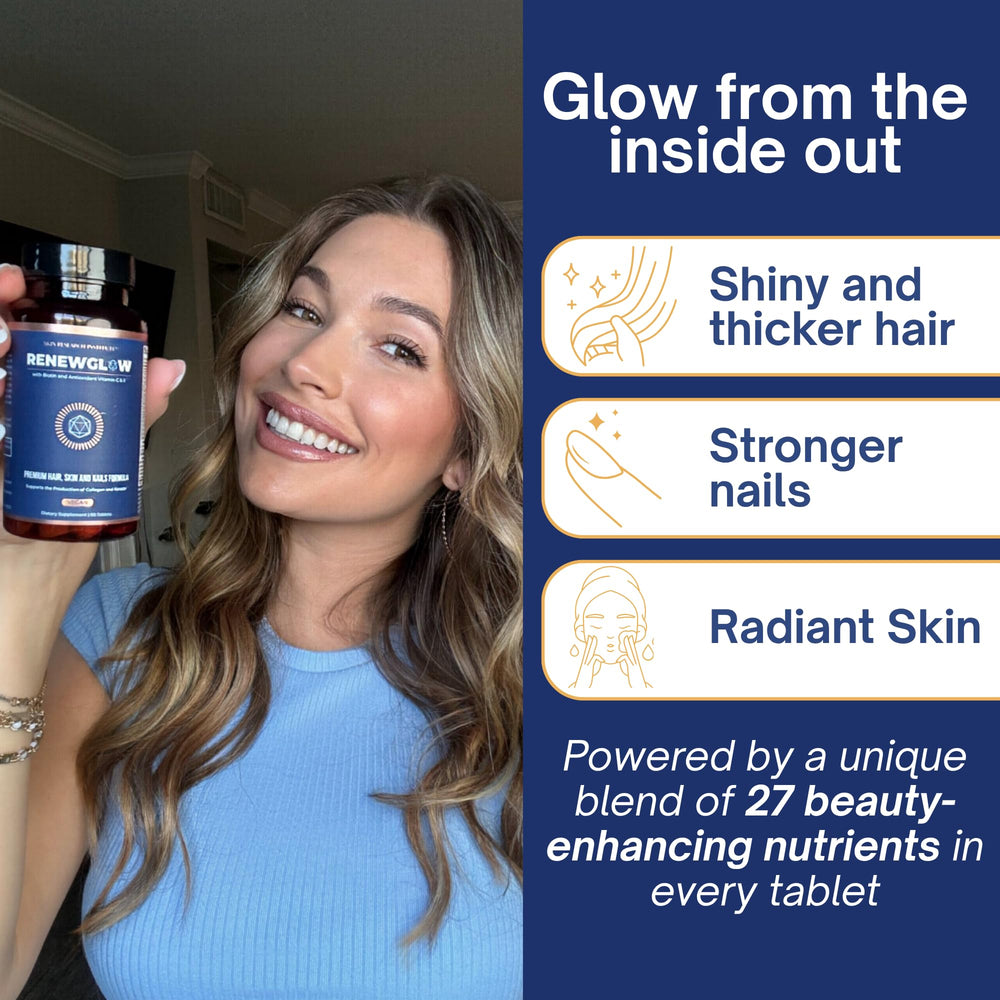 Renewglow bottle beside manicure setup suggesting nail strength.