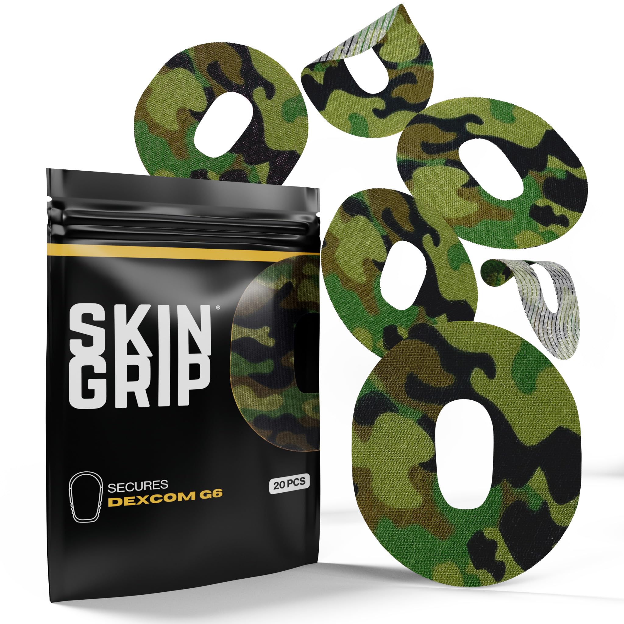 Skin Grip camo Dexcom patch adhesive maintains a secure CGM fit.