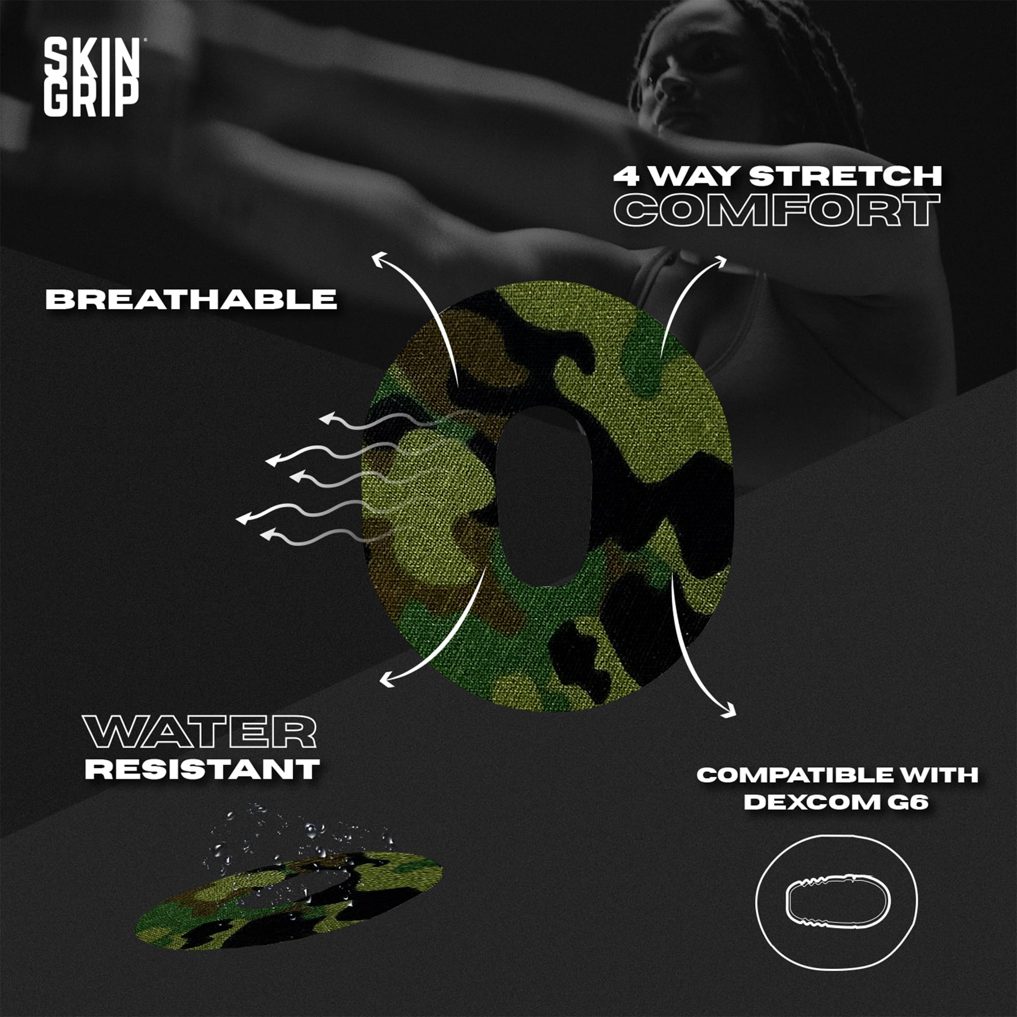 Skin Grip camo waterproof patch for Dexcom keeps sensors on during showers.