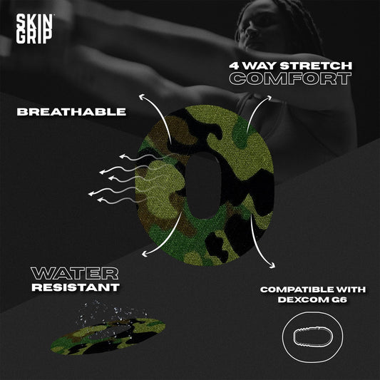 Skin Grip camo waterproof patch for Dexcom keeps sensors on during showers.