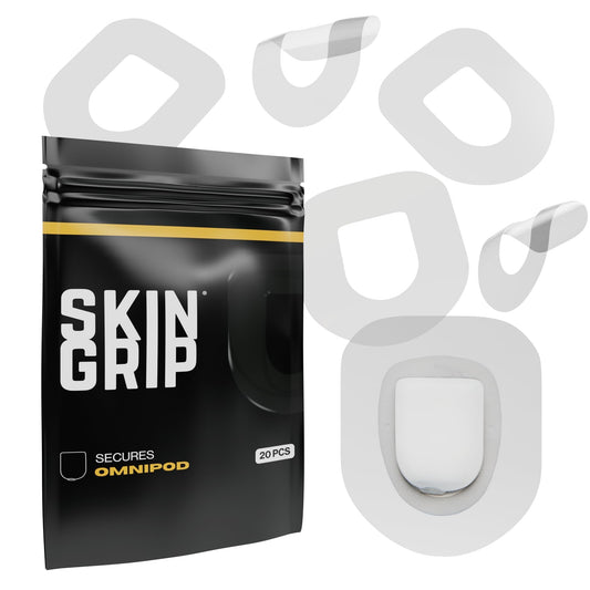 Skin Grip CGM patch on Omnipod showing waterproof, secure wear during workouts.