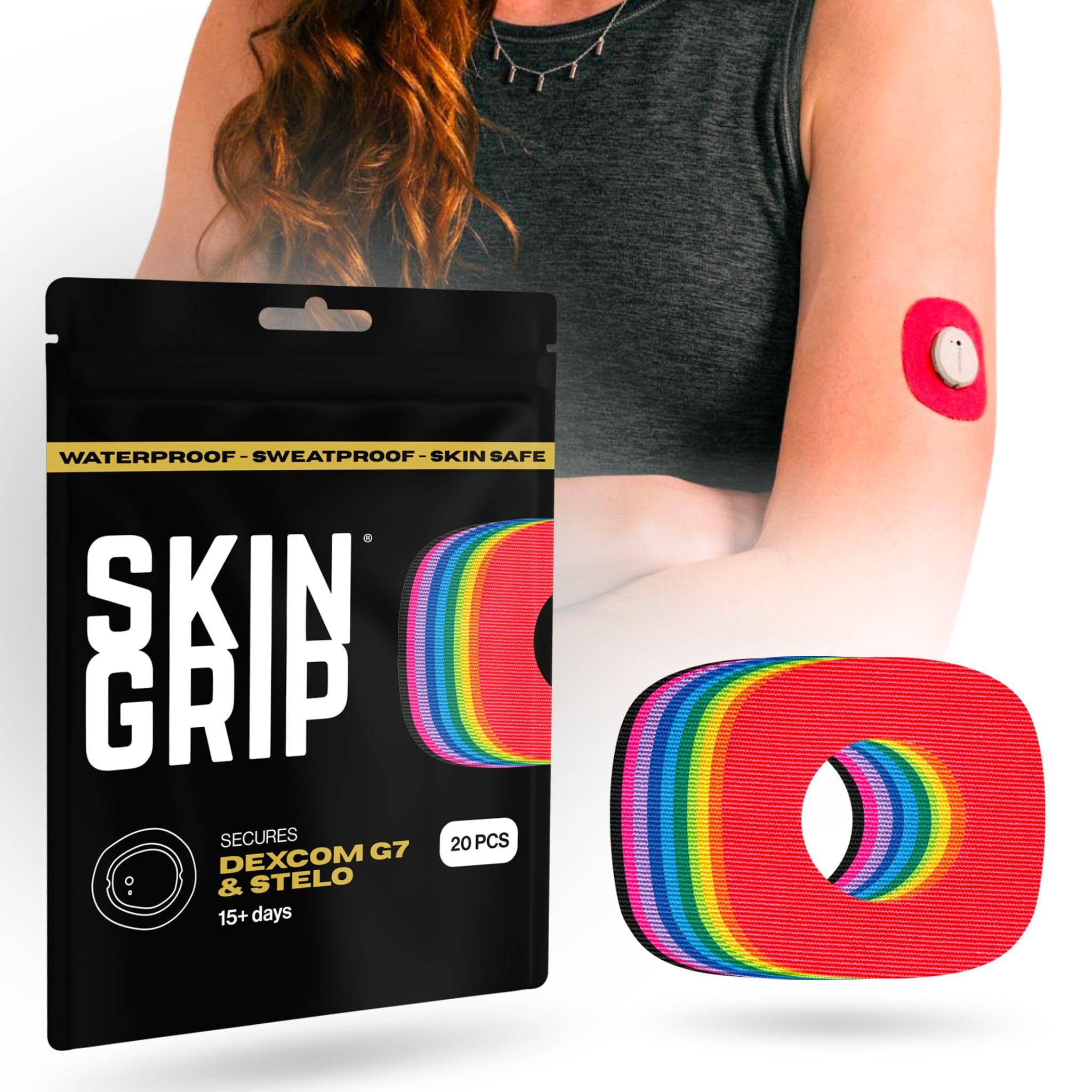 Skin Grip Rainbow Pack patch securely holds the Dexcom G7 sensor during daily activities.