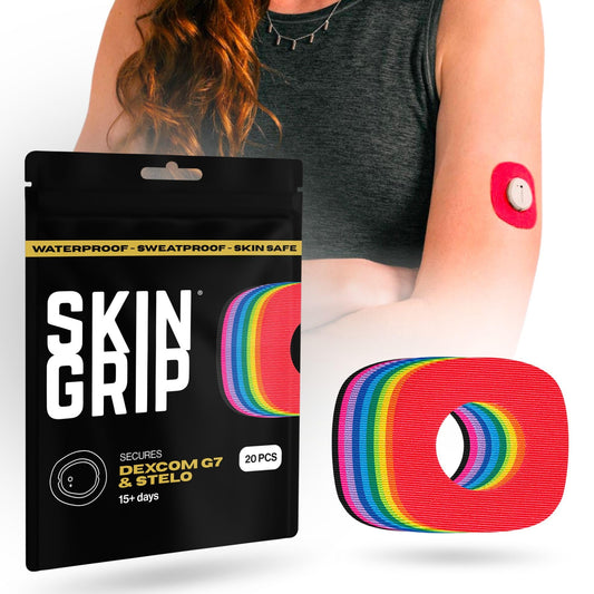 Skin Grip Rainbow Pack patch securely holds the Dexcom G7 sensor during daily activities.