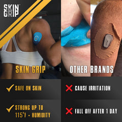 Close-up of waterproof Skin Grip patch protecting device during shower.