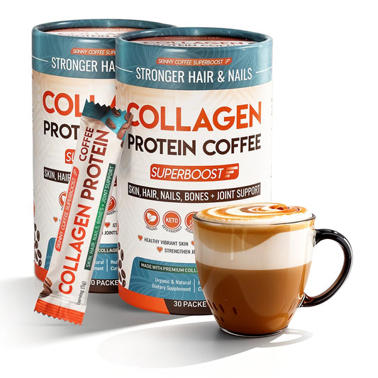 Skinny Coffee SuperBoost collagen powder jar for daily metabolism support.