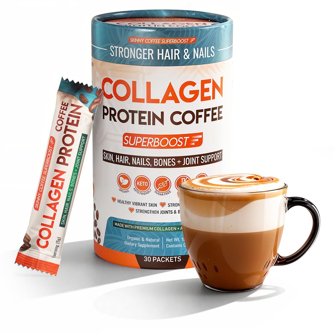 Skinny Coffee SuperBoost collagen powder tub with clean label for daily digestion support.