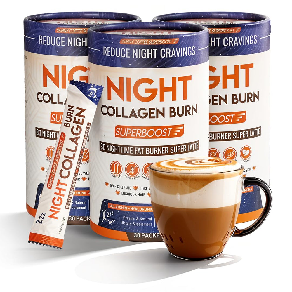 Skinny Coffee SuperBoost Night Collagen Burn bottle for restful evenings and cravings support.