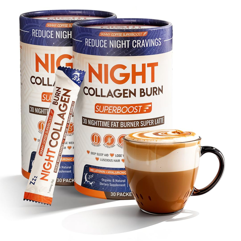 Skinny Coffee SuperBoost Night Collagen Burn bottle with sleep-support formula.