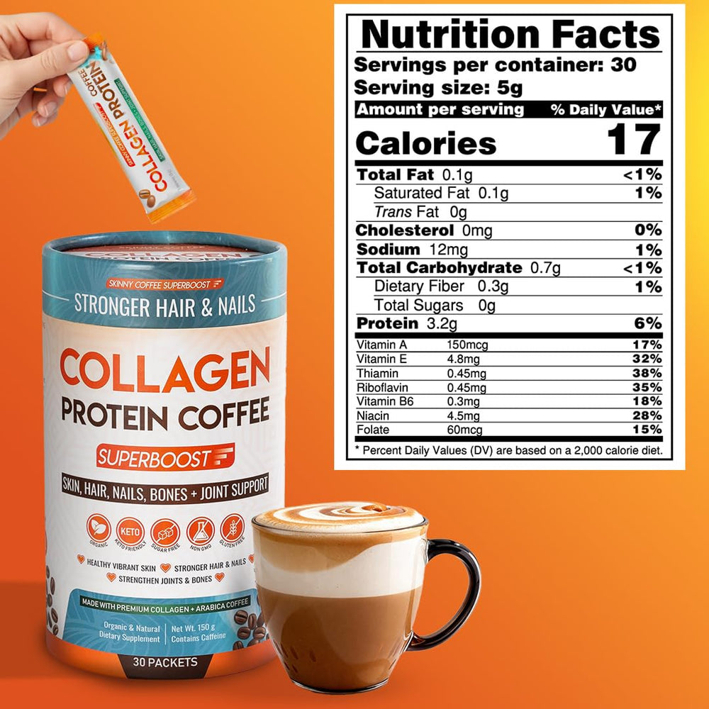 Skinny Coffee SuperBoost NSF-certified seal on pack signals trusted quality.