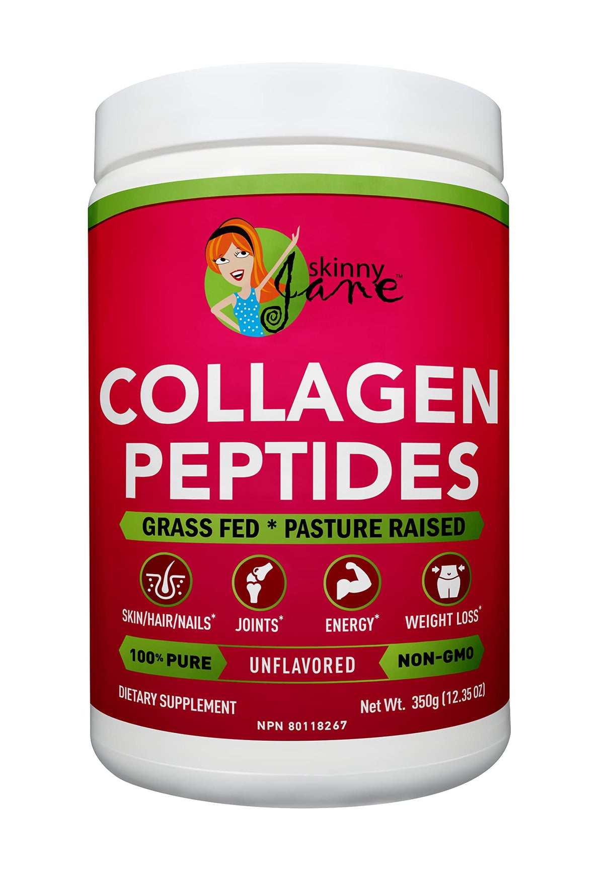 Skinny Jane Collagen Peptides Powder bottle with 10 g protein per scoop for daily nourishment.