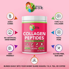 Measuring scoop with Skinny Jane Collagen Peptides Powder ensures precise 10 g servings.