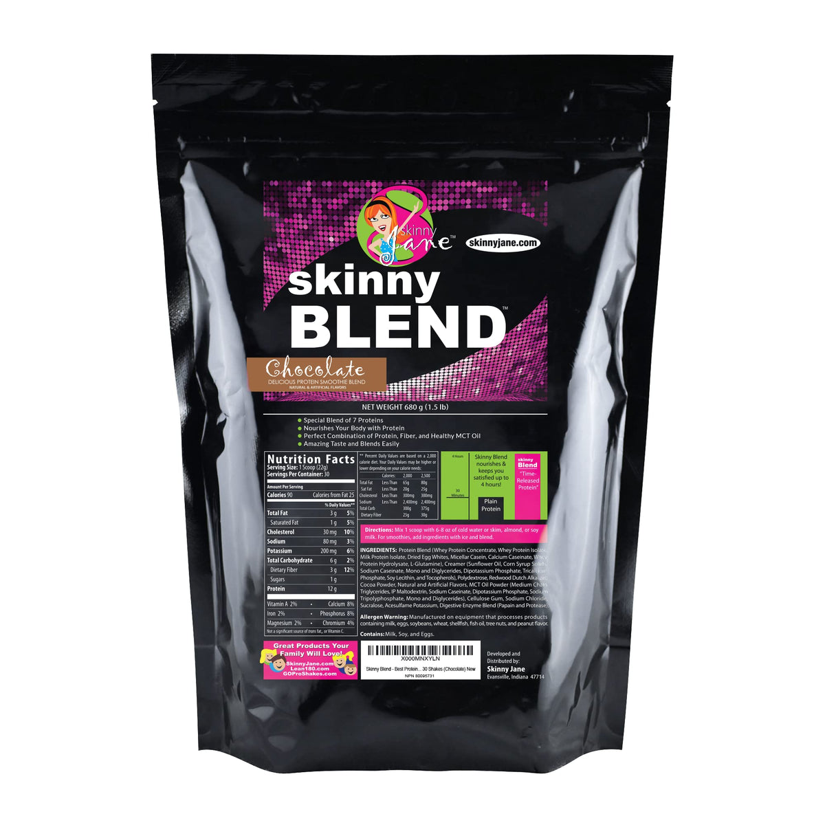 Skinny Jane Skinny Blend chocolate tub showing seven-protein formula for balanced nutrition
