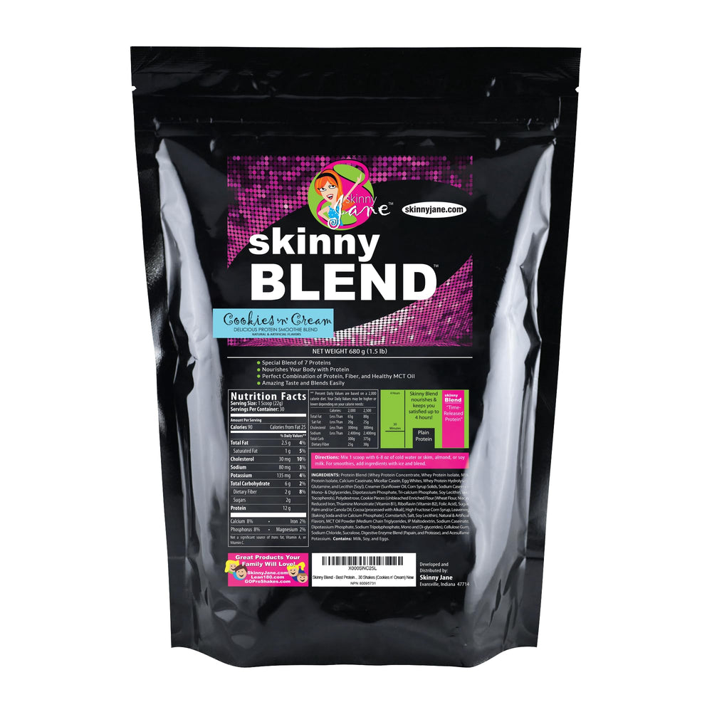 Skinny Jane Skinny Blend Cookies Cream shake for on-the-go protein and fullness.