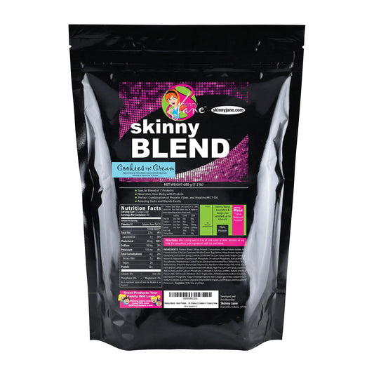 Skinny Jane Skinny Blend Cookies Cream shake for on-the-go protein and fullness.