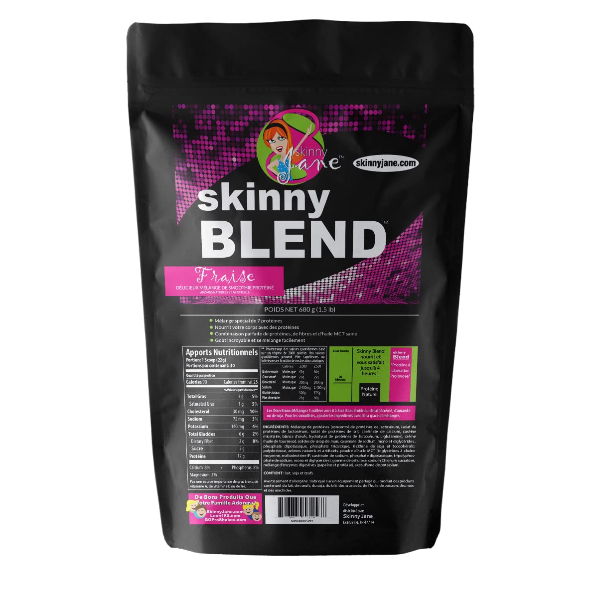 Scoop beside Skinny Jane Skinny Blend tub emphasizing 30 servings
