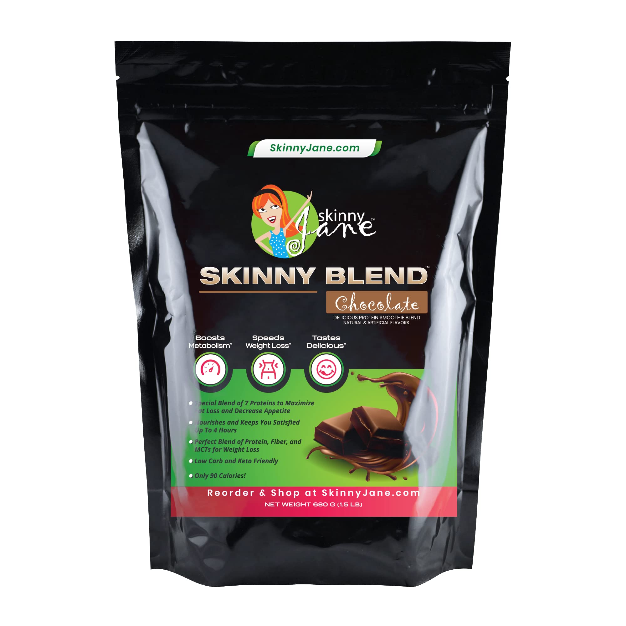 Pour Skinny Blend into a glass highlighting rich chocolate flavor and smooth texture