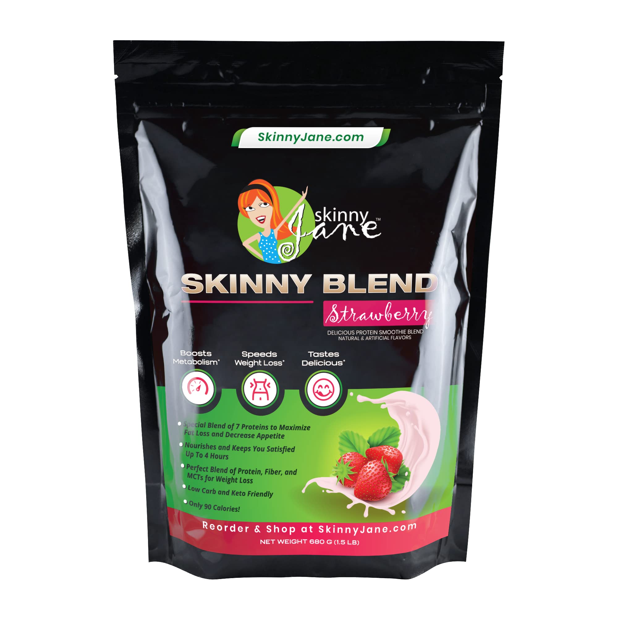 Skinny Jane Skinny Blend tub back showing 30 servings and low carb profile