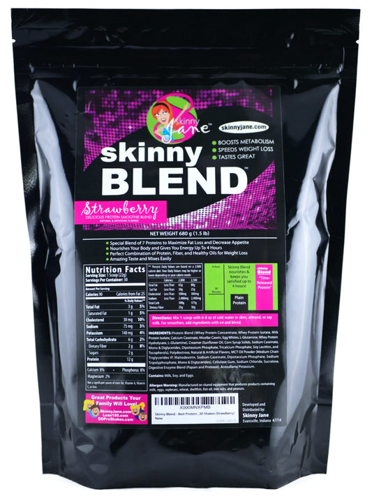Skinny Jane Skinny Blend tub front with creamy strawberry flavor for appetite awareness