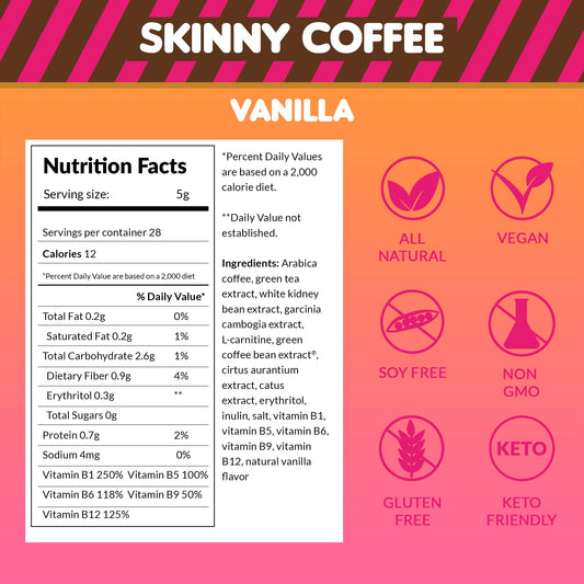 Premium Arabica beans from South America form Skinny Boost smooth coffee base.