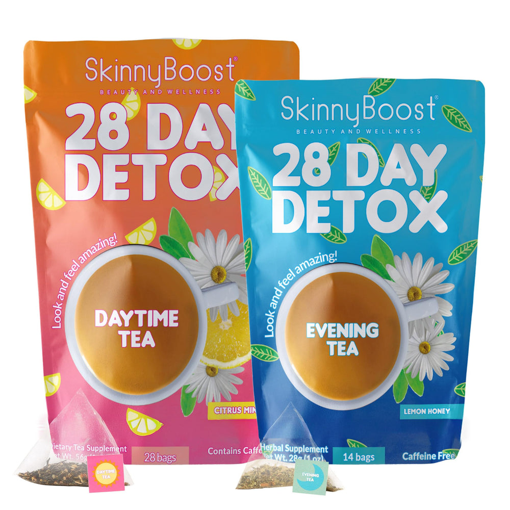 SkinnyBoost Daytime detox tea bags ready for daily metabolism support and refreshing lemon-mint flavor.