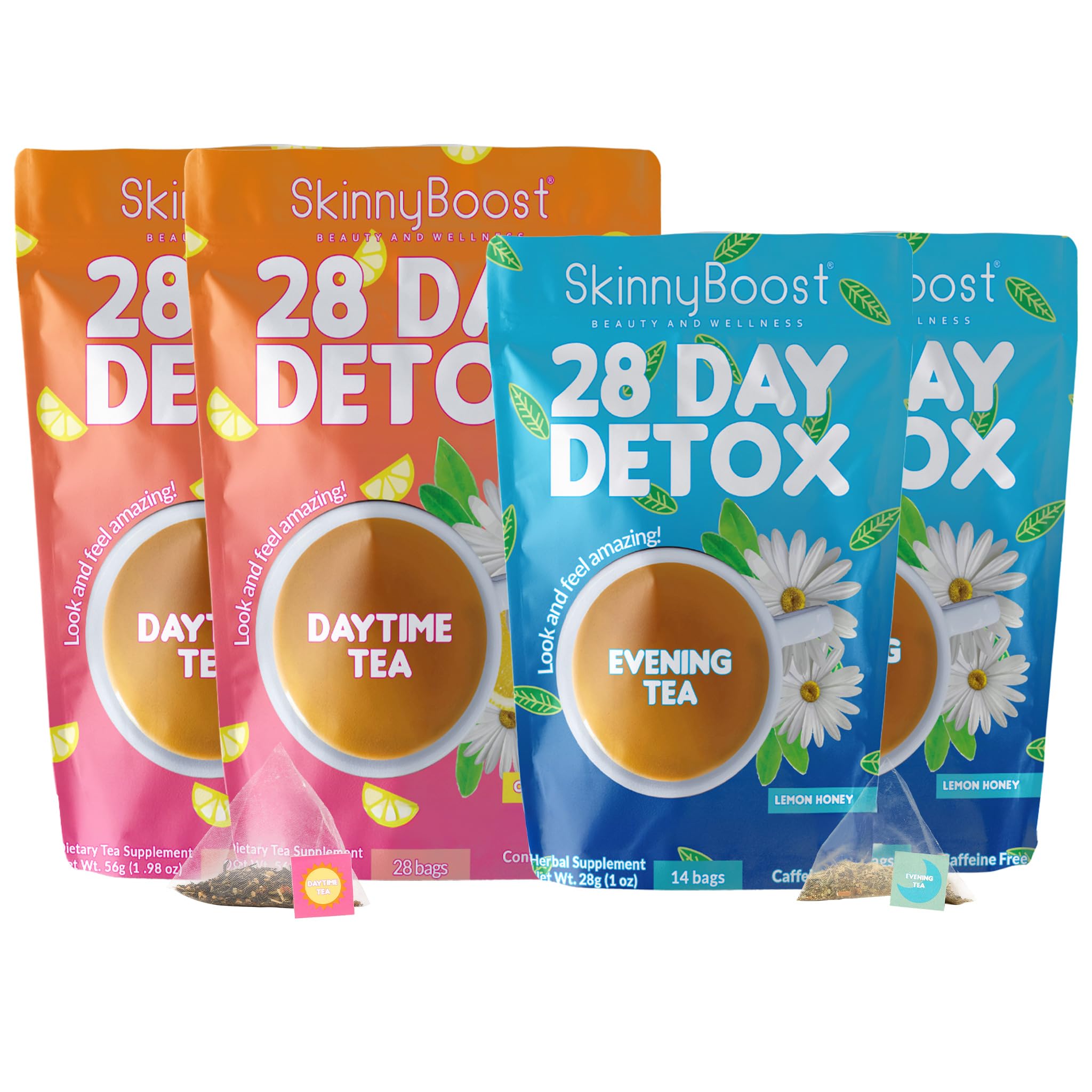 SkinnyBoost detox kit box showcasing the 4-pack for a simple wellness routine.
