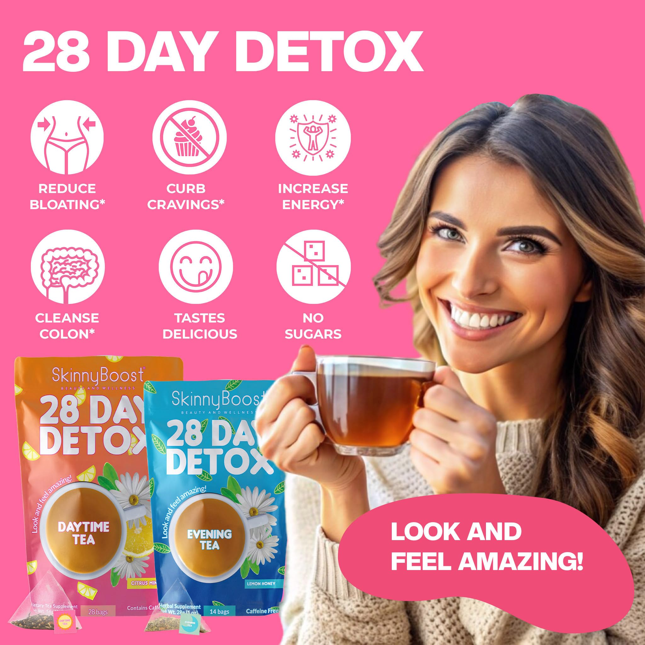 SkinnyBoost detox tea basket presentation emphasizing keto and paleo-friendly blend.