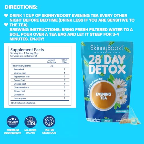 SkinnyBoost Evening Tea bags with lemon honey flavor for bloating relief