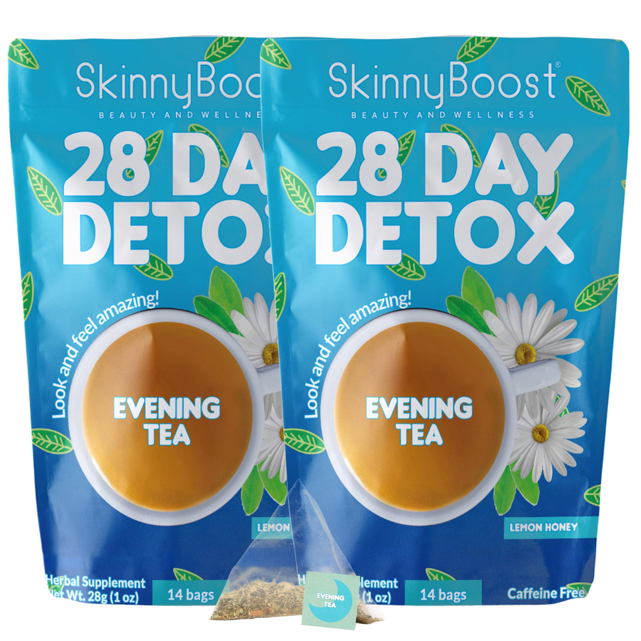 SkinnyBoost Evening Tea two-pack box front showing convenient detox option