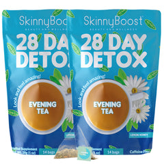 SkinnyBoost Evening Tea two-pack box front showing convenient detox option