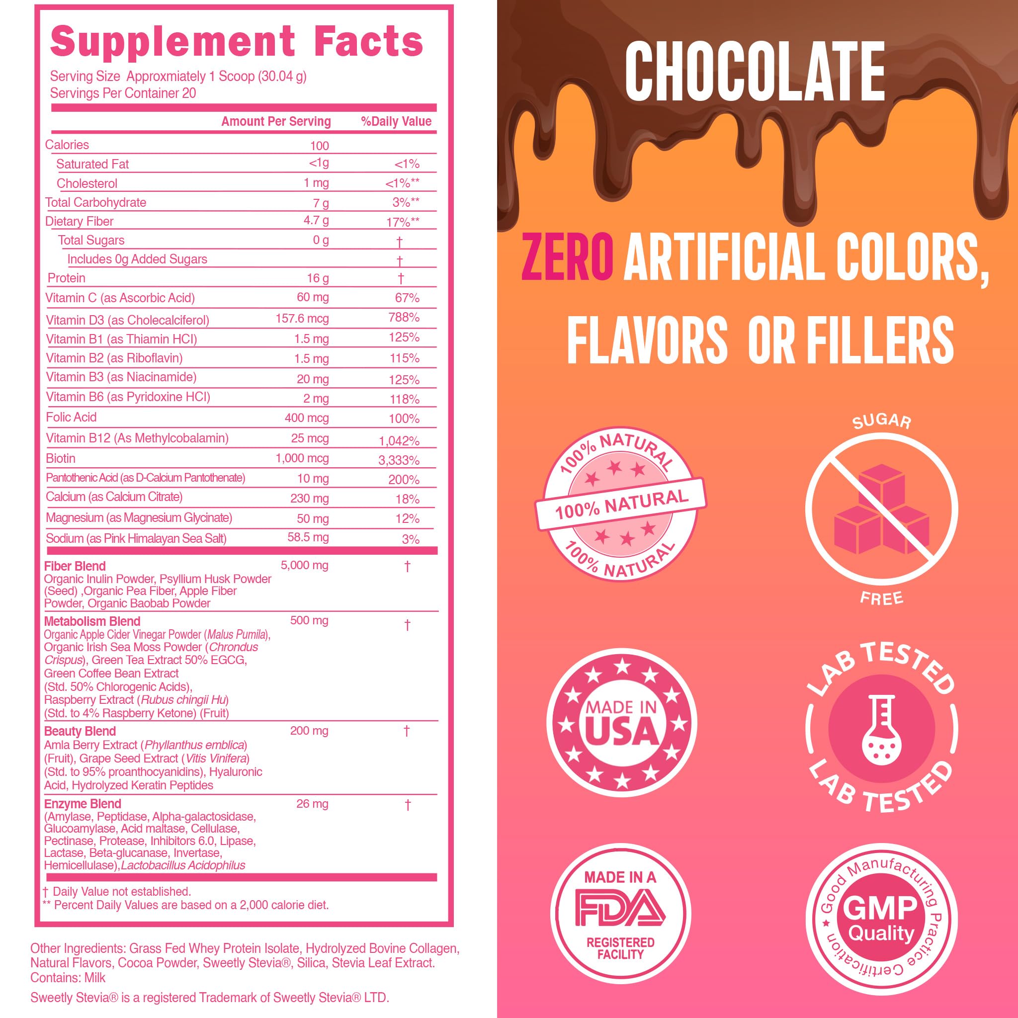 SkinnyBoost Grass-Fed whey protein shake chocolate powder close-up showing creamy texture