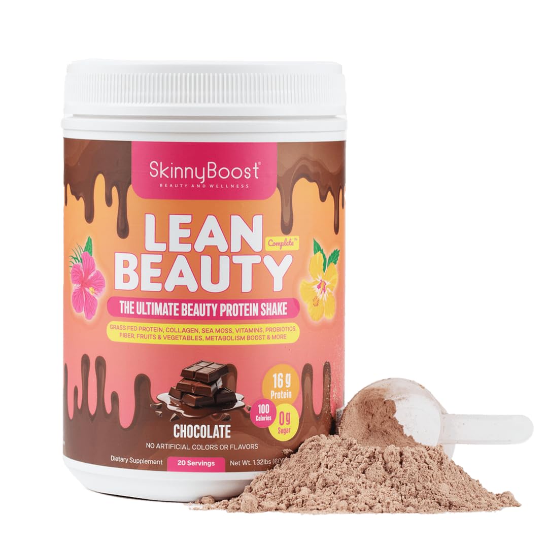 SkinnyBoost Lean Beauty collagen shake bottle pour showing rich chocolate flavor for on-the-go meals