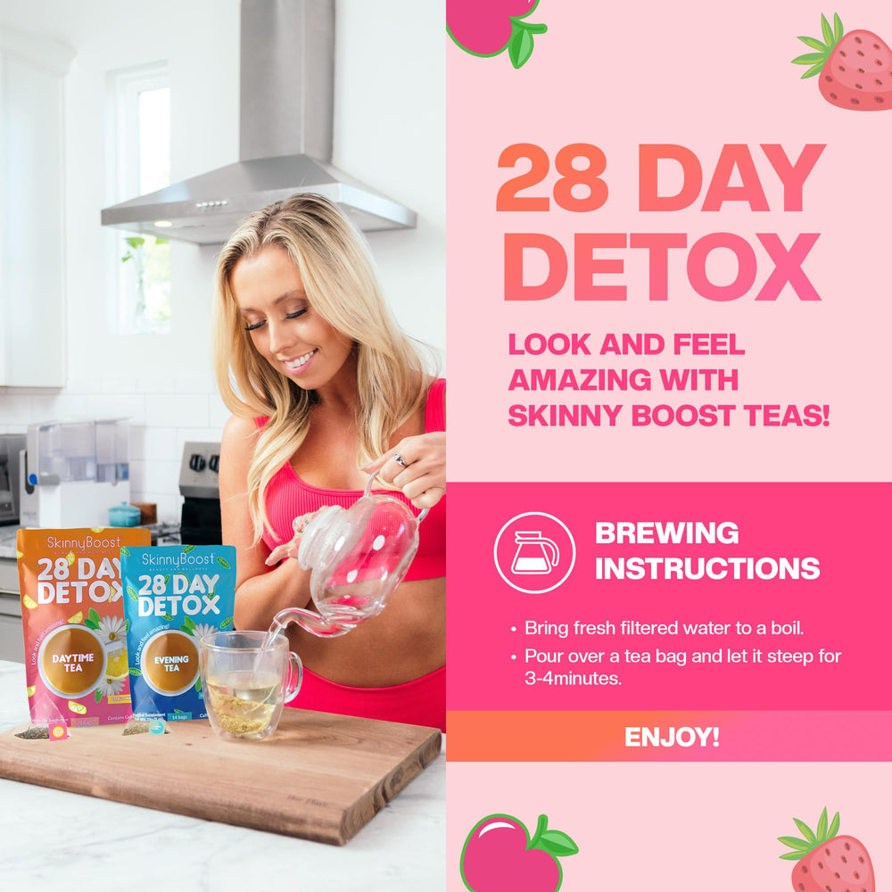 SkinnyBoost tea cup setup with soaked bags, hinting at soothing flavor infusion.