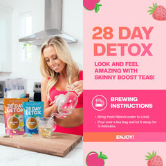 SkinnyBoost tea cup setup with soaked bags, hinting at soothing flavor infusion.